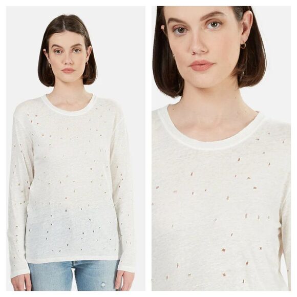 IRO Marvina Linen Long Sleeve Shredded Holes Tee in Ecru Cream Women's XS - Picture 1 of 9